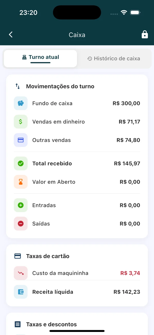 Movimentações do turno: vendas em dinheiro, outras vendas, entradas, saídas, custo da maquininha e receita líquida