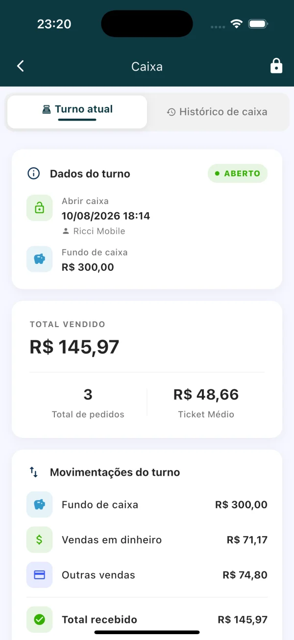 Tela de caixa do ComandaON com turno aberto, fundo de caixa, total vendido e ticket médio