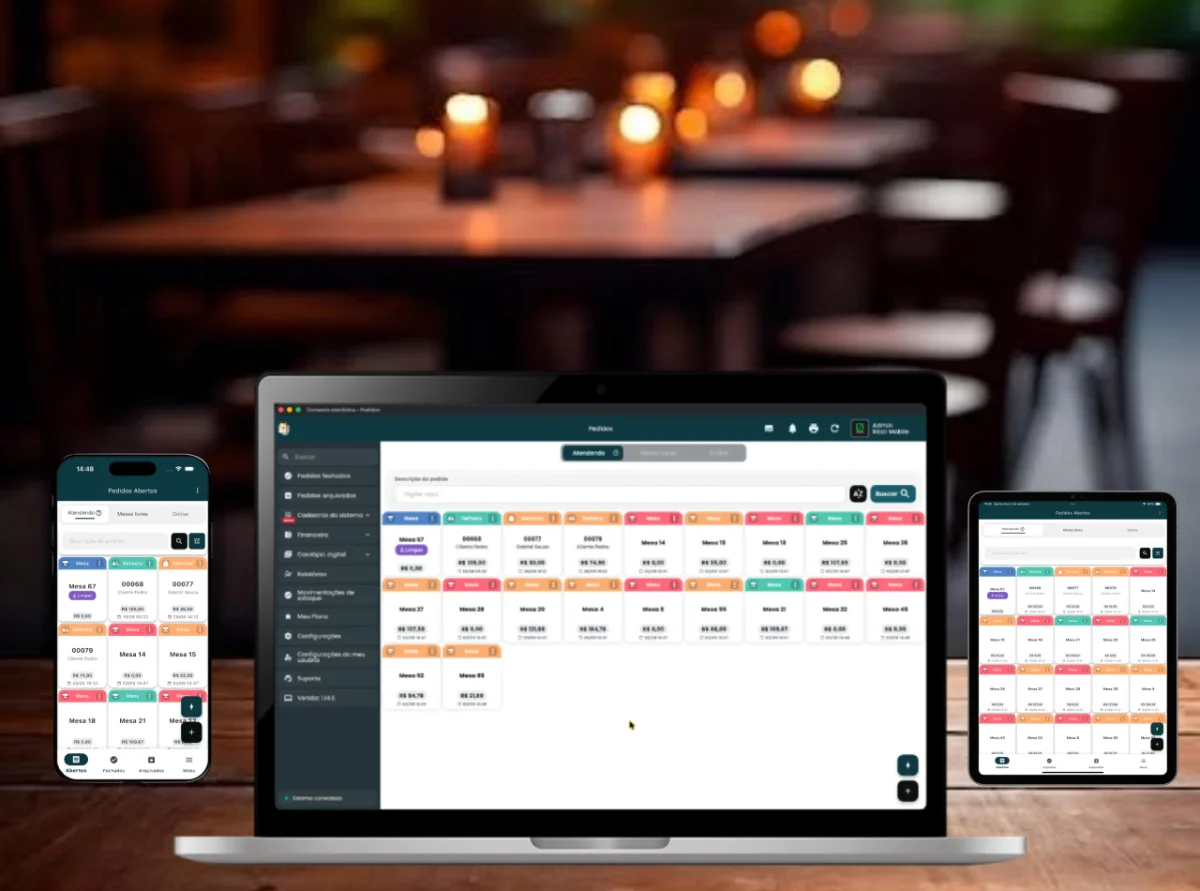 ComandaON no notebook, celular e tablet em um restaurante