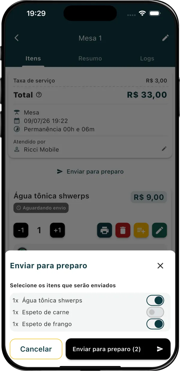 Tela Enviar para preparo do ComandaON selecionando espeto de carne e espeto de frango