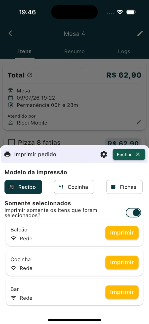 Tela do ComandaON escolhendo o modelo de impressão e as impressoras Balcão, Cozinha e Bar