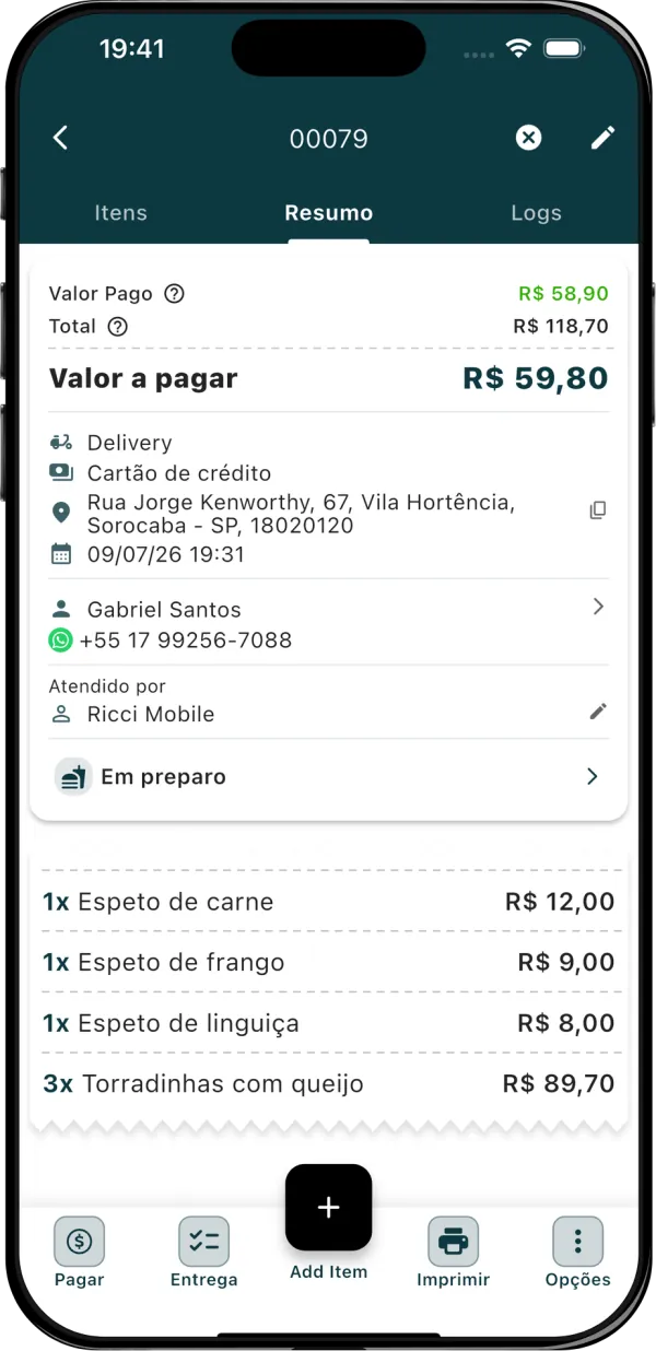 Resumo de pedido delivery no ComandaON com espetos de carne, frango e linguiça, valor pago e valor a pagar