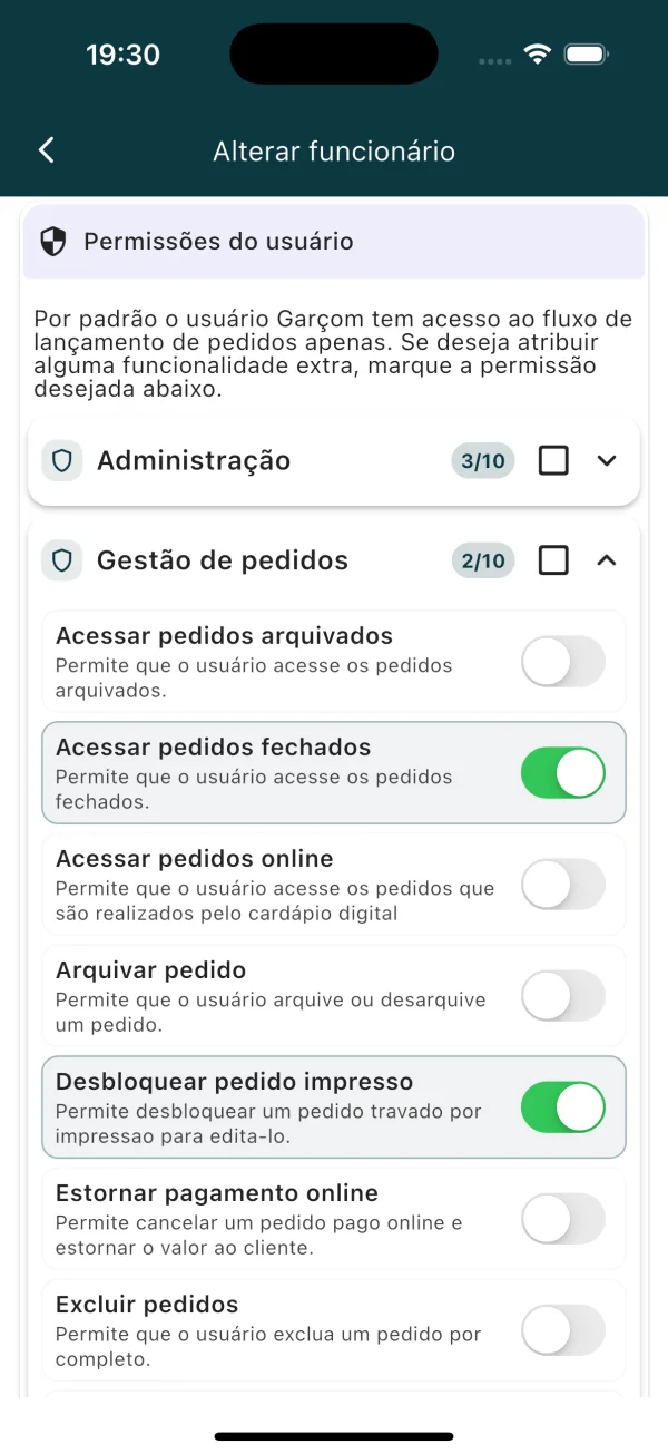 Permissões de usuário no ComandaON: acessar pedidos, desbloquear pedido impresso, estornar pagamento online, excluir pedidos
