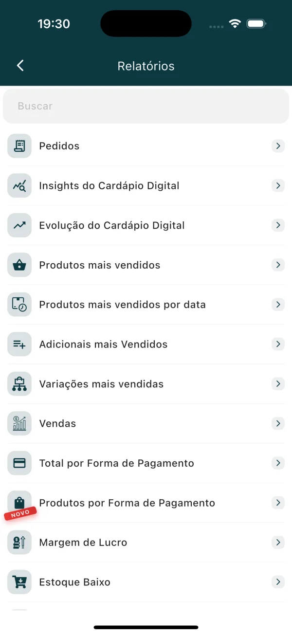 Lista de relatórios do ComandaON: mais vendidos, vendas, forma de pagamento, margem de lucro, estoque baixo